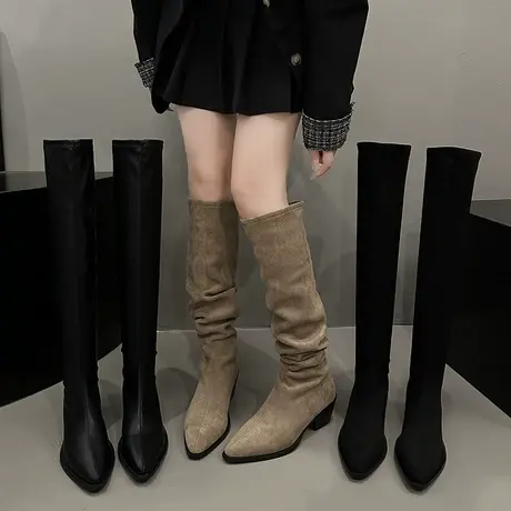 法式长筒靴女2023秋季新款尖头显瘦骑士靴过膝长靴粗跟爆款堆堆靴图片