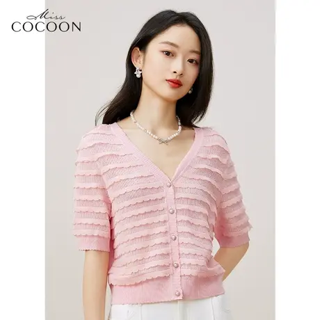 miss COCOON气质V领上衣2023春装新款收腰立体荷叶边短款T恤商品大图