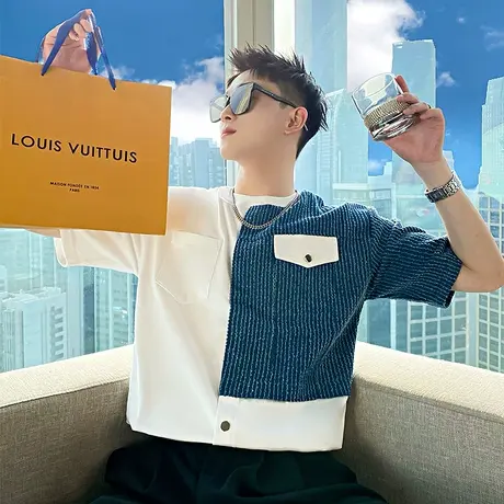 2023夏季男士t恤上衣短袖半袖潮流拼接设计感个性重磅半截袖体恤商品大图