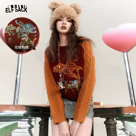 妖精的口袋新中式复古套头毛衣女2024年早春新款圆领刺绣针织上衣商品大图