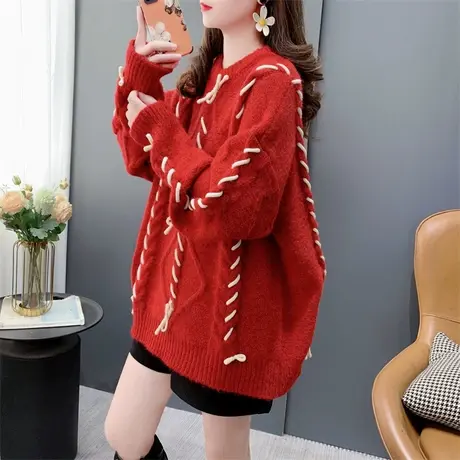 设计感洋气减龄绑带红色圆领毛衣女加厚秋冬新款宽松慵懒风针织衫商品大图