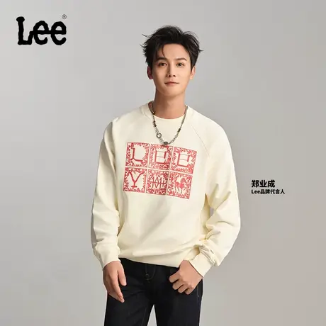 【郑业成同款】Lee商场同款24春季新品舒适圆领印花本白色男卫衣图片
