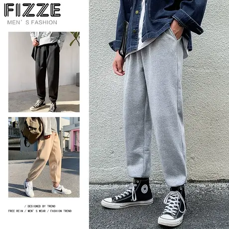 加绒裤子男秋冬卫裤韩版潮流运动裤ins港风宽松加厚束脚裤休闲裤图片