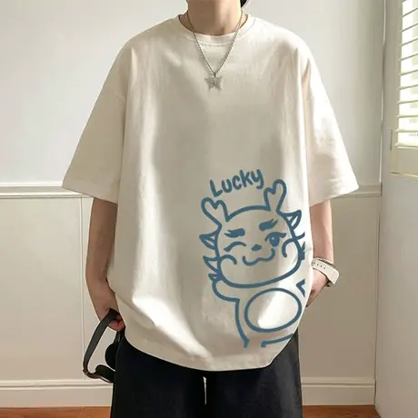 龙年短袖t恤男夏季新款纯棉宽松半袖卡通印花美式潮牌休闲体恤衫图片