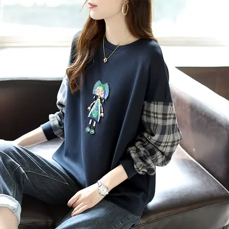 宝诗黎格子长袖拼接时尚春季卫衣女慵懒2024刺绣亮片洋气上衣新款图片