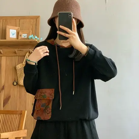 dza 复古纯棉连帽口袋卫衣女2024春新款宽松套头上衣百搭休闲长袖图片