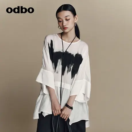 odbo/欧迪比欧原创设计感印花喇叭袖白色T恤女2023年新款宽松上衣图片