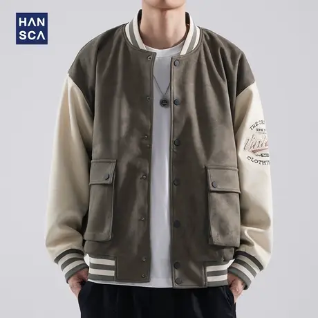hansca美式复古夹克外套男士宽松设计感鹿皮棒球服秋冬季休闲上衣商品大图