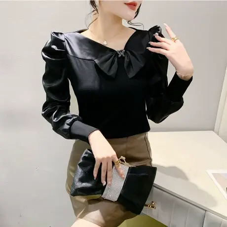 黑色泡泡袖T恤女欧货设计感蝴蝶结上衣修身百搭拼接钉珠打底衫潮商品大图