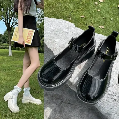 法式高跟鞋女2024新款白色玛丽珍女鞋厚底小皮鞋配裙子浅口单鞋子图片