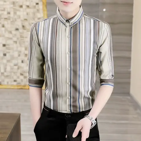 衬衫男潮百搭夏季韩版高级感痞帅七分袖寸衣青年休闲条纹短袖衬衣图片