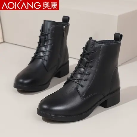 奥康女鞋马丁靴英伦风年新款加绒短靴百搭秋季秋冬季靴子女商品大图