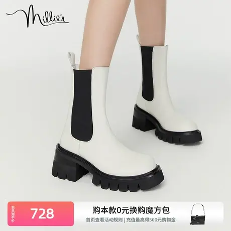 millie's妙丽冬新款牛皮时尚烟筒靴粗跟切尔西女短靴25565DZ2商品大图