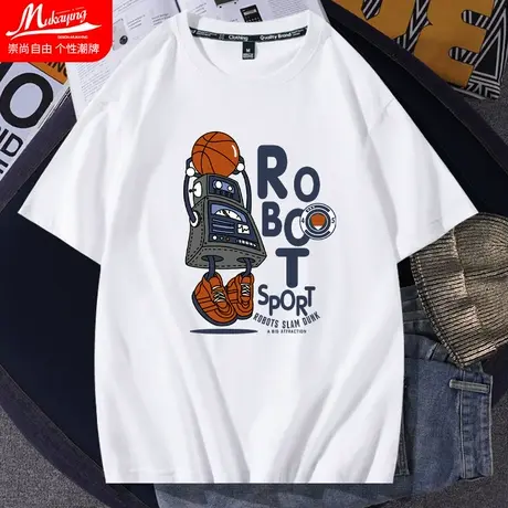 潮流短袖男卡通篮球运动涂鸦体恤春夏款ins青少年纯棉圆领半袖衫商品大图