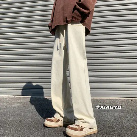 百搭直筒宽松休闲裤男秋冬季2023新款ins潮流纯色阔腿拖地长裤子商品大图