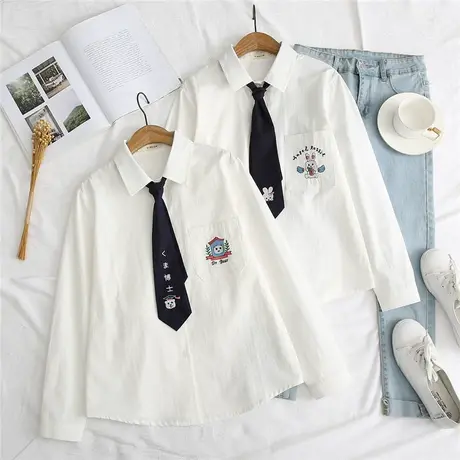 日系萌妹童趣卡通兔兔熊猫刺绣领带衬衫女春秋宽松学生打底白衬衣商品大图