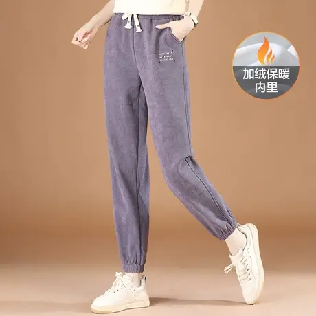 韩潮袭人松紧腰刺绣灯芯绒加绒运动裤女宽松黑色哈伦休闲裤卫裤子图片