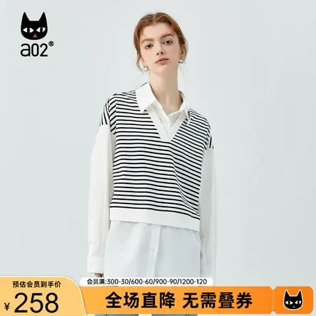a02原创潮流假两件衬衫2023秋季新品时尚通勤拼接条纹套头衬衣女图片