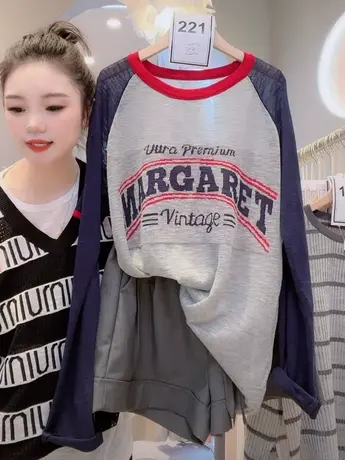 欧洲站字母拼色长袖防晒衫女夏2023新款宽松中长款套头洋气上衣潮图片