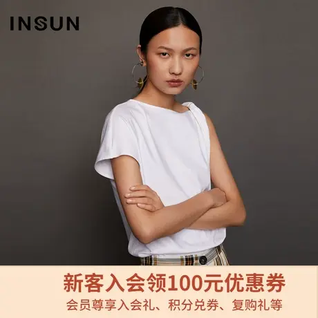 恩裳春秋季设计师联名款都市摩登纯棉解构不对称T恤上衣图片