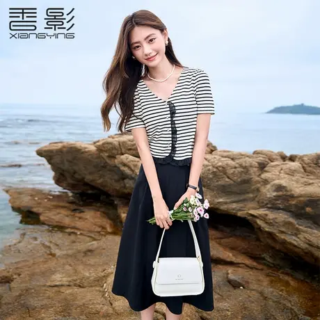 香影条纹t恤女短袖2023夏装新款设计感小众宽松木耳边法式v领上衣商品大图