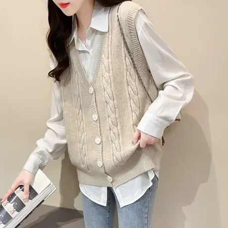 v领麻花针织开衫马甲女春秋新款外搭设计感无袖背心坎肩毛衣百搭图片