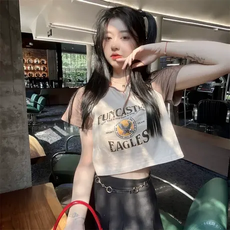 纯棉短袖t恤女2023年夏季新款设计感小众撞色辣妹短款露脐上衣潮商品大图