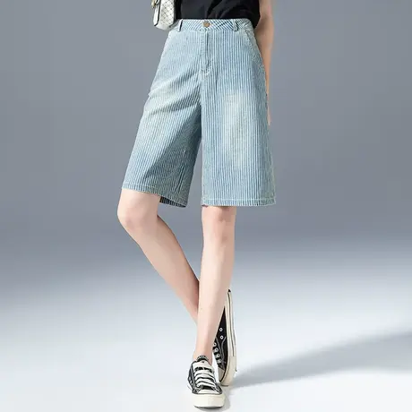 条纹牛仔短裤女夏薄款六分裤女直筒阔腿a字中裤五分裤女夏季5分裤商品大图