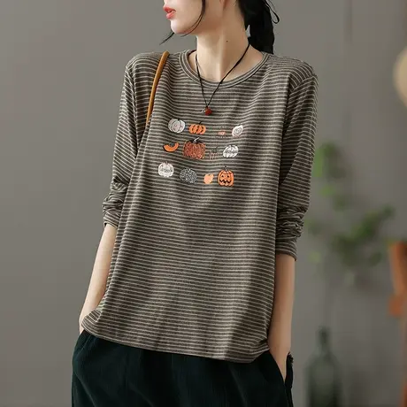 dza休闲条纹大圆领宽松t恤女秋冬内搭打底衫短款体恤显瘦长袖上衣商品大图