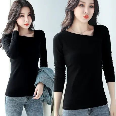 黑色长袖紧身打底衫女外穿2023新款春装斜v领上衣百搭性感短款t恤图片