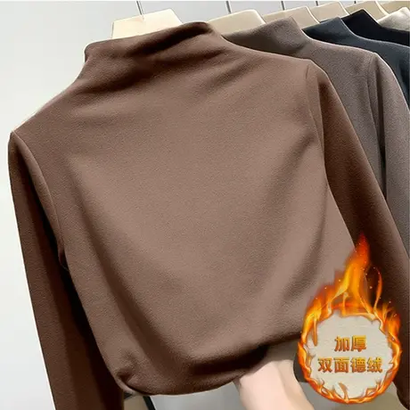 德绒高领打底衫女士秋冬季百搭加绒加厚保暖秋衣白色洋气内搭长袖商品大图