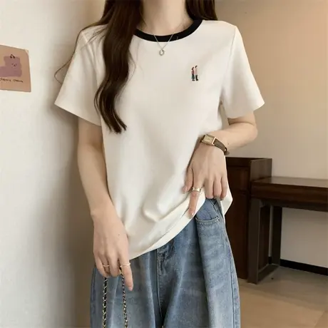 华夫格正肩短袖t恤女夏季休闲百搭宽松高级感圆领上衣独特别致ins图片