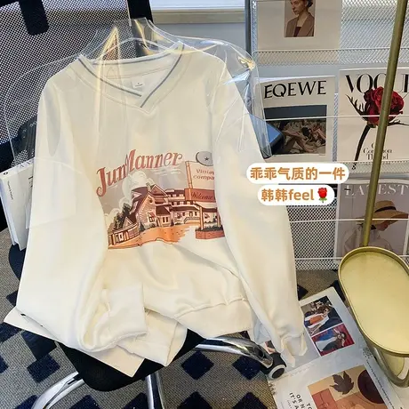 美式复古设计感v领卫衣女2023新款春秋季薄款宽松慵懒风初秋上衣图片