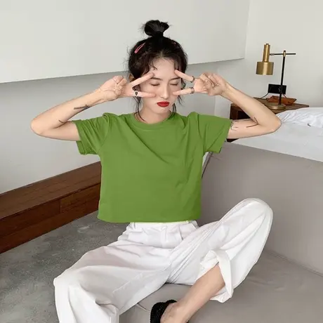 纯棉超火cec短款短袖t恤女网红绿色ins潮宽松洋气露脐高腰上衣潮商品大图