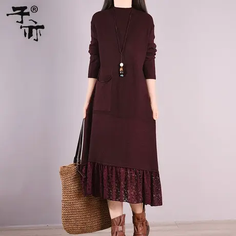 子亦冬装新品钩花镂空拼接口袋中长款半高领针织打底毛衣裙冬商品大图