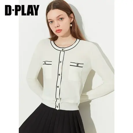 DPLAY2023夏新小香风时尚白圆领撞色长袖短款针织开衫外套空调衫商品大图