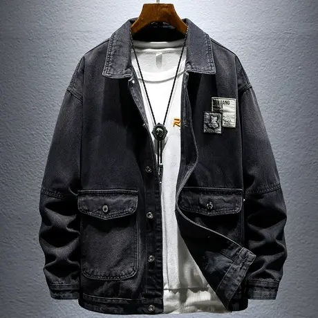 外套男港风复古黑色工装牛仔夹克牛仔夹克潮牌宽松痞帅休闲男上衣商品大图