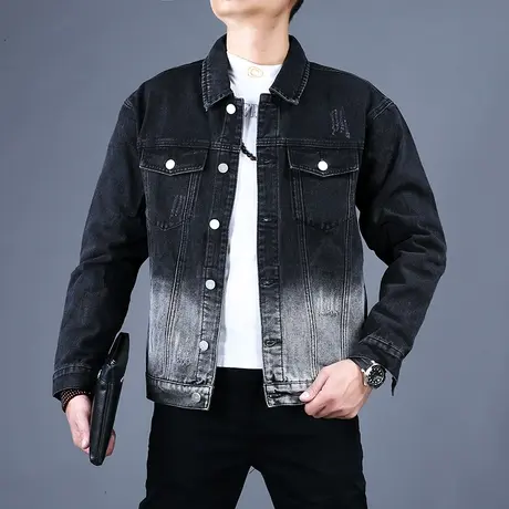 2023男士新款牛仔上衣春秋黑灰色刺绣百搭修身外套百搭男潮牌棉弹图片