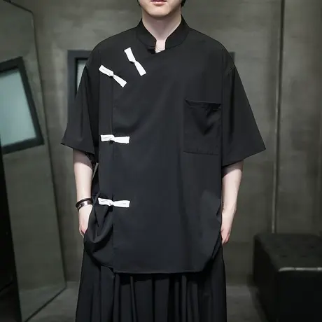 新中式国潮冰丝短袖衬衫唐装男款夏季暗黑系中国风盘扣垂坠感衬衣商品大图