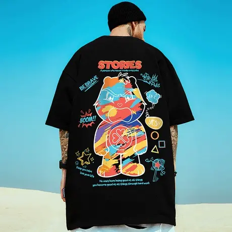 欧美oversize短袖T恤潮牌宽松大码男装国潮加肥加大纯棉胖子半袖图片