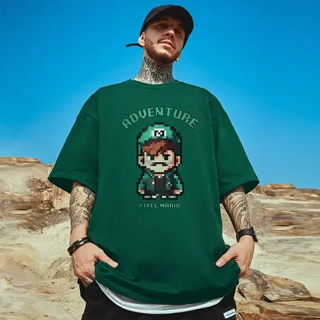 2023绿色大码男装重磅胖子体恤加肥加大卡通印花宽松短袖T恤半袖商品大图