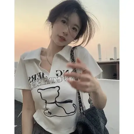 胖mm大码纯欲正肩短袖T恤夏季新款辣妹设计感不规则上衣女装200斤商品大图