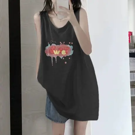 纯棉吊带坎肩背心无袖t恤女夏季设计感小众外穿宽松港风挂脖上衣商品大图