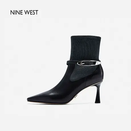 Nine West/玖熙飞织拼接弹力袜靴2023冬新款皮带扣细跟气质时装靴图片