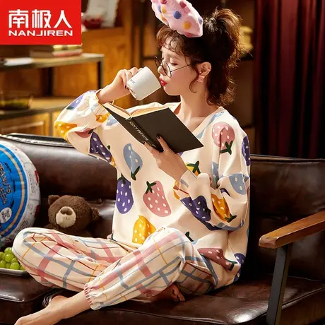 南极人睡衣女春秋款纯棉长袖薄款大码2023年新款秋季家居服可外穿商品大图