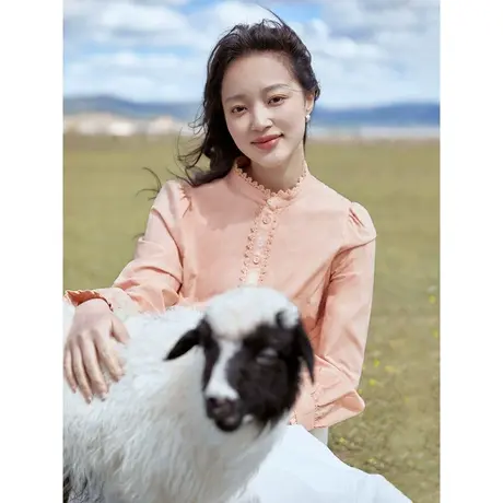 茵曼法式立领提花衬衫女士2023年秋季新款显瘦粉色衬衣上衣小个子商品大图