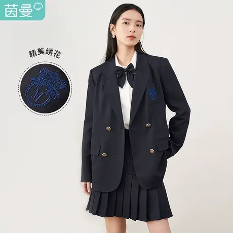 【商场同款】茵曼宽松女2023春季新款潮学院风双排扣绣花西装外套图片