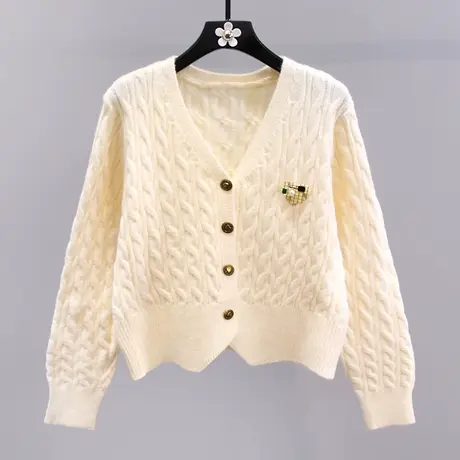 小香风V领麻花毛衣外套女秋冬2023新款设计感修身长袖针织开衫商品大图