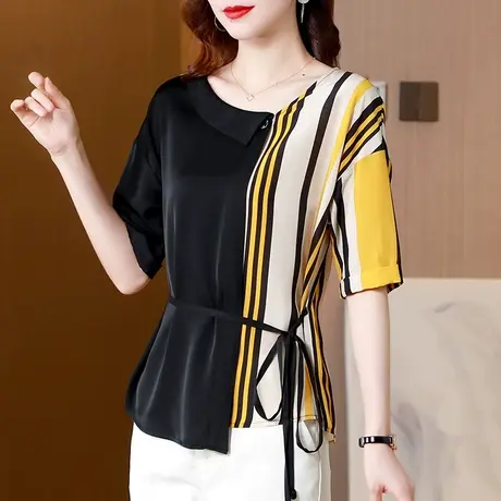 重磅真丝衬衫女士2023夏季新款设计感小众收腰显瘦条纹桑蚕丝上衣图片
