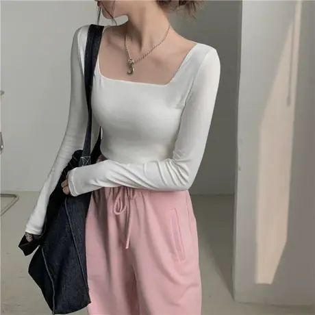 早秋季新款不规则长袖T恤女上衣服设计感小众短款方领内搭打底衫商品大图